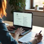 Профессионал digital-маркетинга за ноутбуком с макетом лендинга и заметками о формуле AIDA на современном рабочем месте