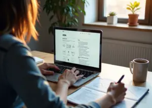 Профессионал digital-маркетинга за ноутбуком с макетом лендинга и заметками о формуле AIDA на современном рабочем месте