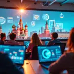 Современный цифровой класс с обучающимися, изучающими digital-профессии на ноутбуках, с иконками графического дизайна, маркетинга, программирования и аналитики на фоне российских символов и технологий