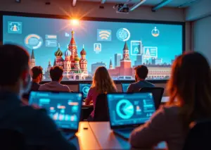 Современный цифровой класс с обучающимися, изучающими digital-профессии на ноутбуках, с иконками графического дизайна, маркетинга, программирования и аналитики на фоне российских символов и технологий