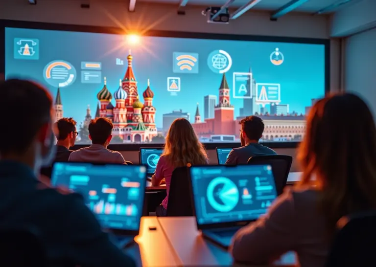 Современный цифровой класс с обучающимися, изучающими digital-профессии на ноутбуках, с иконками графического дизайна, маркетинга, программирования и аналитики на фоне российских символов и технологий