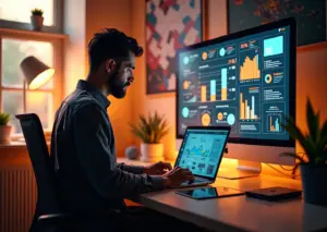 Фрилансер за рабочим столом с ноутбуком и планшетом, визуализирующий выбор между почасовой ставкой и фиксированной ценой на фоне рынка труда России