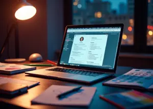 Рабочее место креативного специалиста с ноутбуком, резюме и инструментами для дизайна