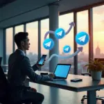 Человек управляет популярным Telegram-каналом на ноутбуке и смартфоне в современном рабочем пространстве на фоне городской панорамы России