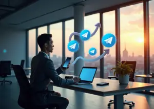 Человек управляет популярным Telegram-каналом на ноутбуке и смартфоне в современном рабочем пространстве на фоне городской панорамы России