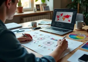 Рабочее место графического дизайнера с эскизами логотипов, ноутбуком и цветовой палитрой в современном офисе