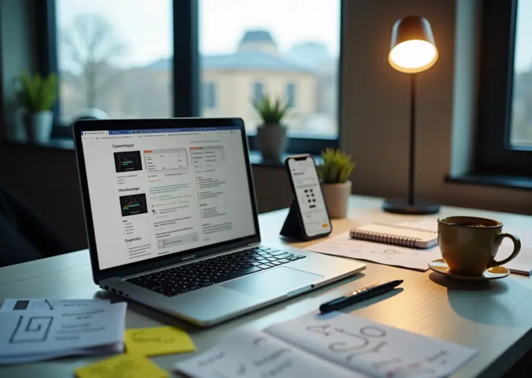 Креативный специалист за рабочим столом с ноутбуком, эскизами, нотатками и писем от рекрутера на экране