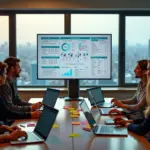 Команда в офисе обсуждает Customer Journey Map на экране с метриками и стикерами