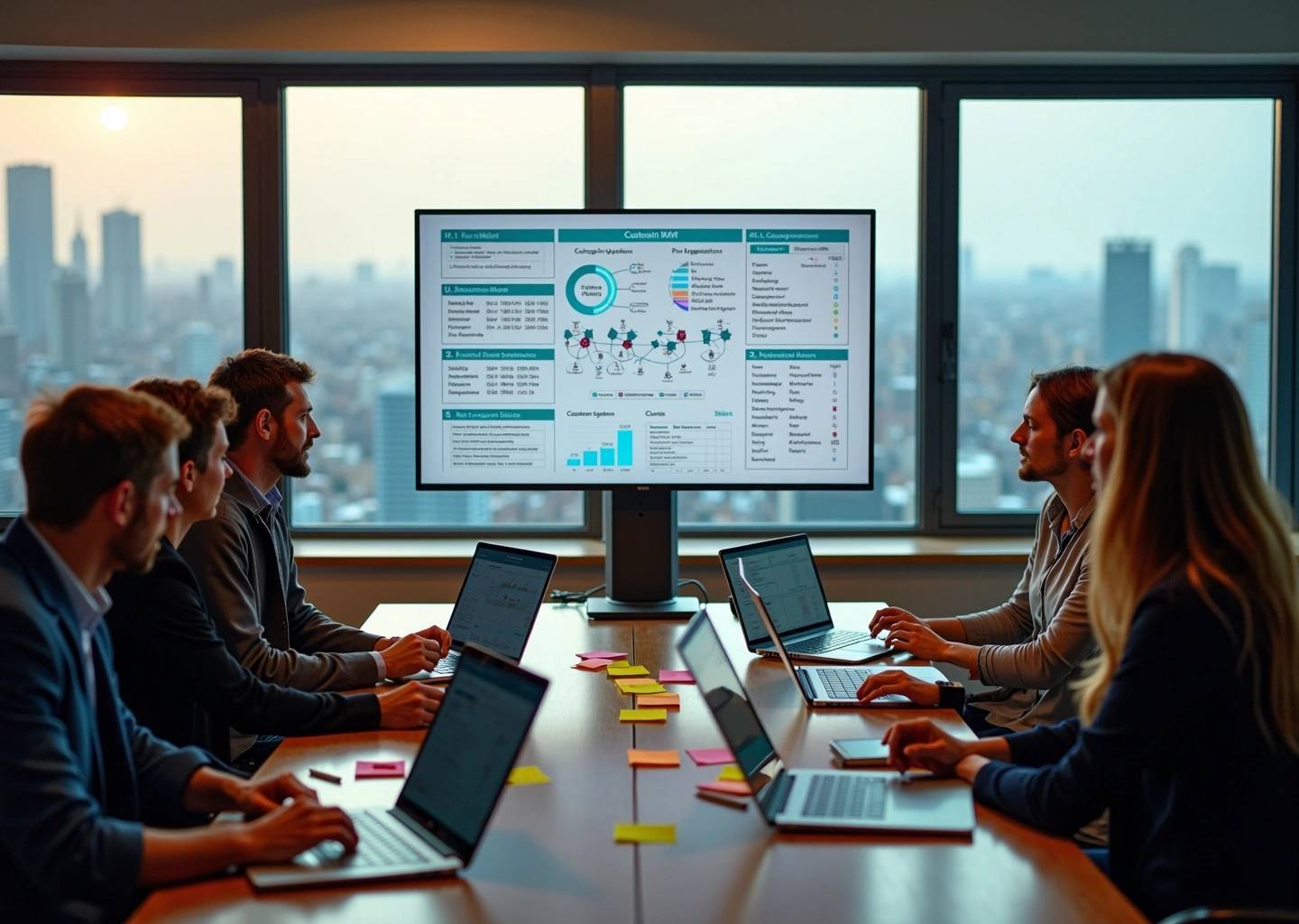 Команда в офисе обсуждает Customer Journey Map на экране с метриками и стикерами