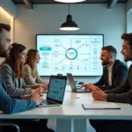 Команда дизайнеров и разработчиков обсуждает дизайн‑систему: ноутбуки с макетами, экран со Storybook, схема токенов на доске