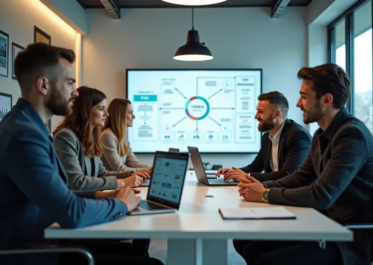 Команда дизайнеров и разработчиков обсуждает дизайн‑систему: ноутбуки с макетами, экран со Storybook, схема токенов на доске