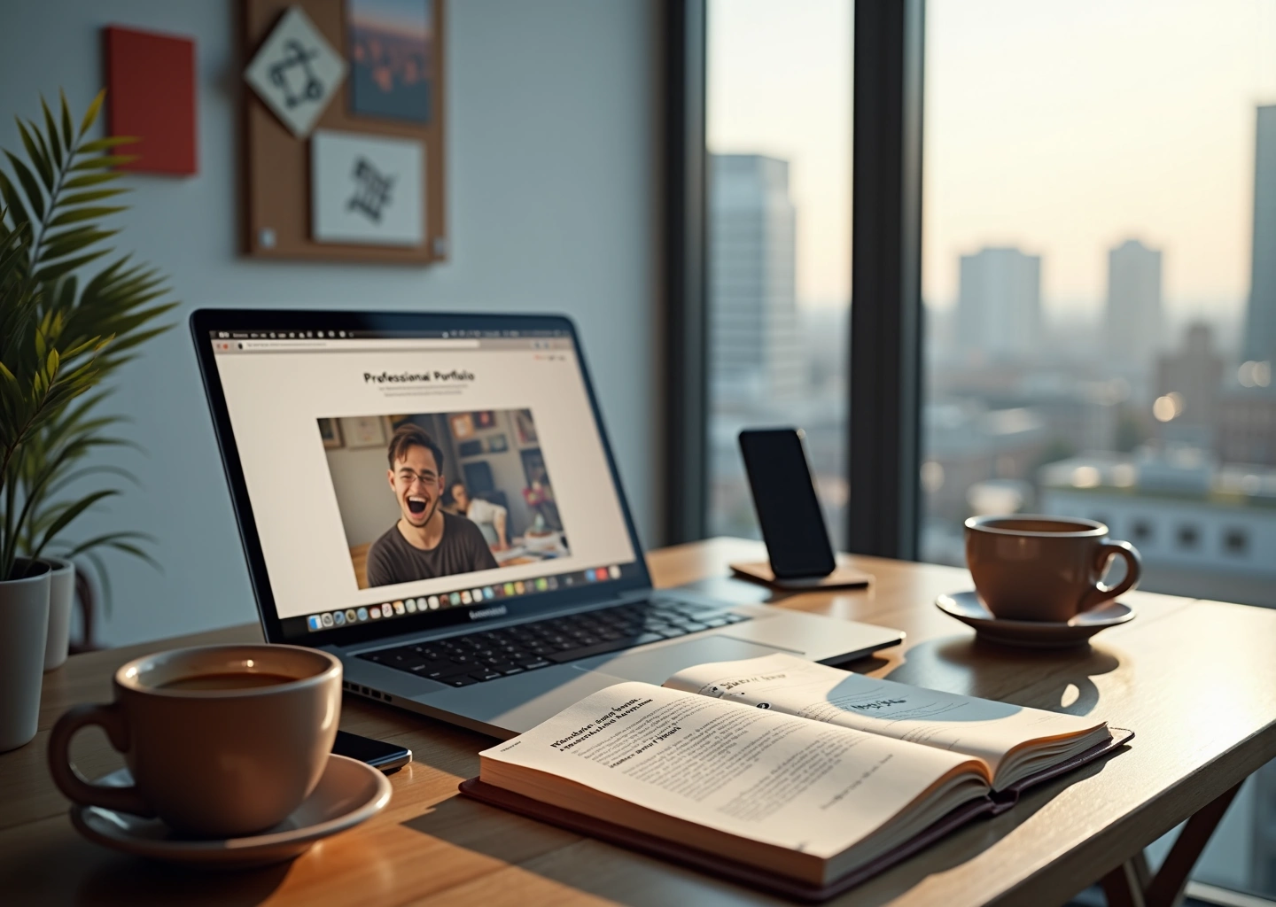Фрилансер‑креативщик за рабочим столом с открытым портфолио на ноутбуке, мудбордом на стене и открытым профилем в соцсети