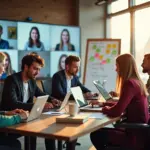 Гибридная работа 2026: креативная команда в коворкинге и видеозвонок с удалёнными сотрудниками на экране, современные гаджеты и рабочие зоны