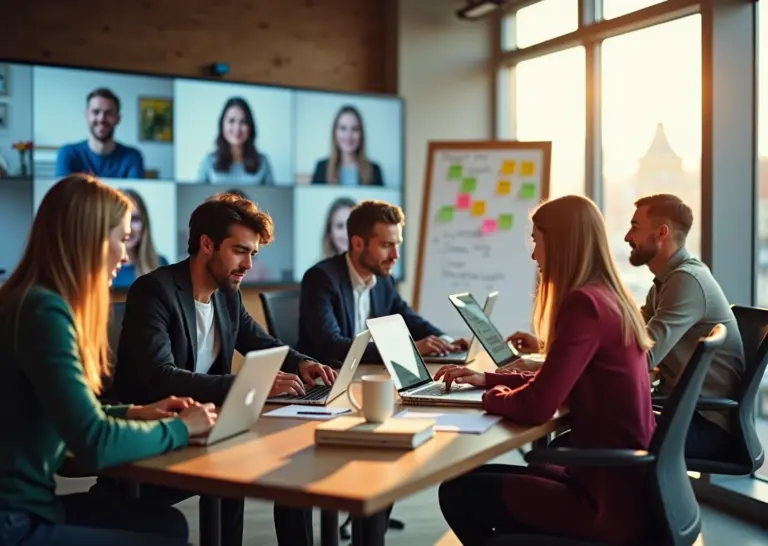 Гибридная работа 2026: креативная команда в коворкинге и видеозвонок с удалёнными сотрудниками на экране, современные гаджеты и рабочие зоны
