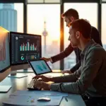 Фотография UX UI‑дизайнера за рабочим столом в современном офисе с макетами интерфейсов, графиком зарплат на экране и видом на город