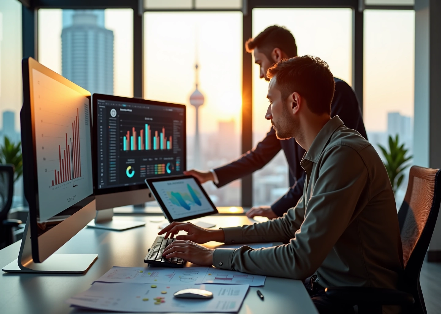 Фотография UX UI‑дизайнера за рабочим столом в современном офисе с макетами интерфейсов, графиком зарплат на экране и видом на город