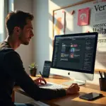 Современная креативная студия с ноутбуком и планшетом, на экранах видны интерфейсы Behance Dribbble и Pinterest, дизайнер за работой и коллаж на стене