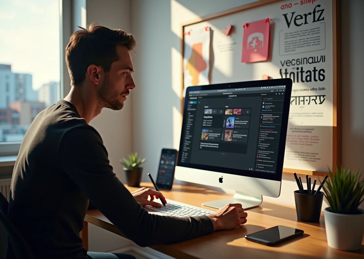 Современная креативная студия с ноутбуком и планшетом, на экранах видны интерфейсы Behance Dribbble и Pinterest, дизайнер за работой и коллаж на стене