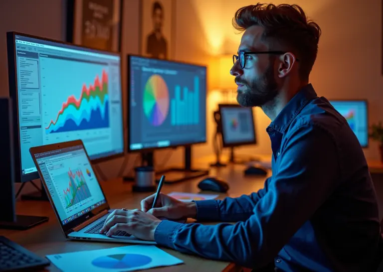 Креативный специалист планирует бюджет и финансы на ноутбуке среди творческих инструментов