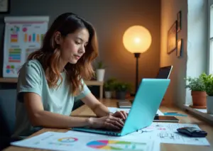 Молодой специалист за рабочим столом с ноутбуком, рядом эскизы дизайна и маркетинговые графики