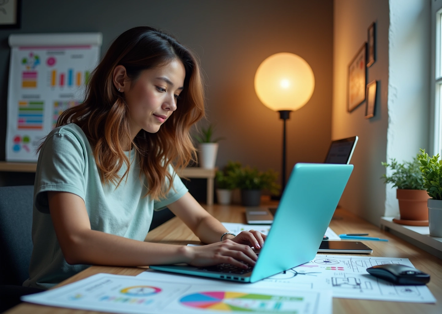 Молодой специалист за рабочим столом с ноутбуком, рядом эскизы дизайна и маркетинговые графики