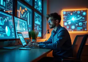 Современное рабочее место цифрового креативного специалиста с ноутбуком, эскизами дизайна и иконками искусственного интеллекта на фоне, символизирующее тренды рынка труда в России