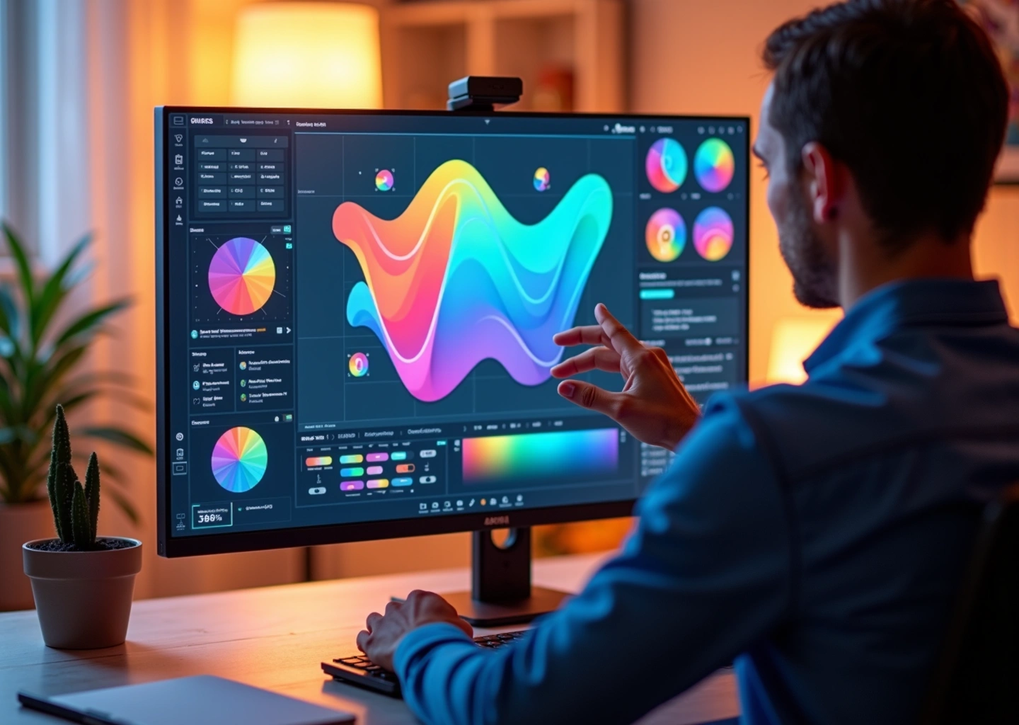 Рабочее место дизайнера с визуальными элементами композиции на экране, иллюстрирующее управление вниманием пользователя в digital-дизайне