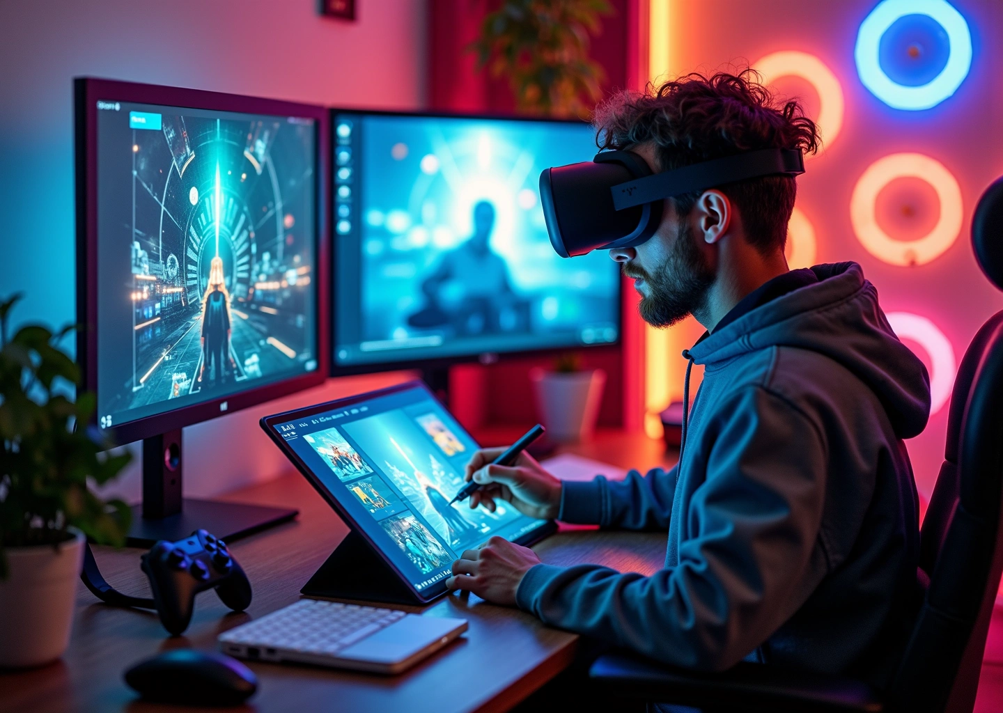 Креативное рабочее место нарративного дизайнера с элементами игр кино и метавселенной