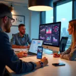 Команда маркетологов у стола с ноутбуками и смартфоном, на экранах — аналитика кампаний и профили блогеров