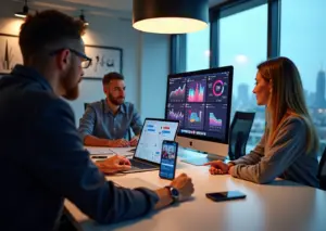 Команда маркетологов у стола с ноутбуками и смартфоном, на экранах — аналитика кампаний и профили блогеров