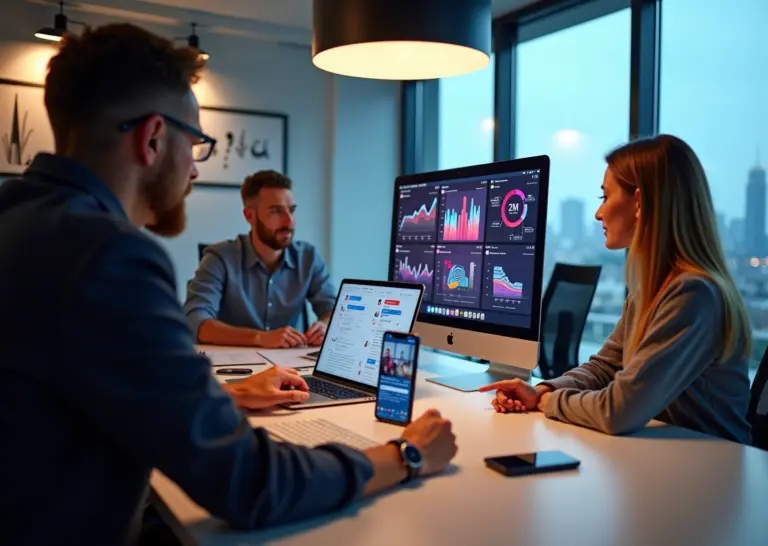 Команда маркетологов у стола с ноутбуками и смартфоном, на экранах — аналитика кампаний и профили блогеров